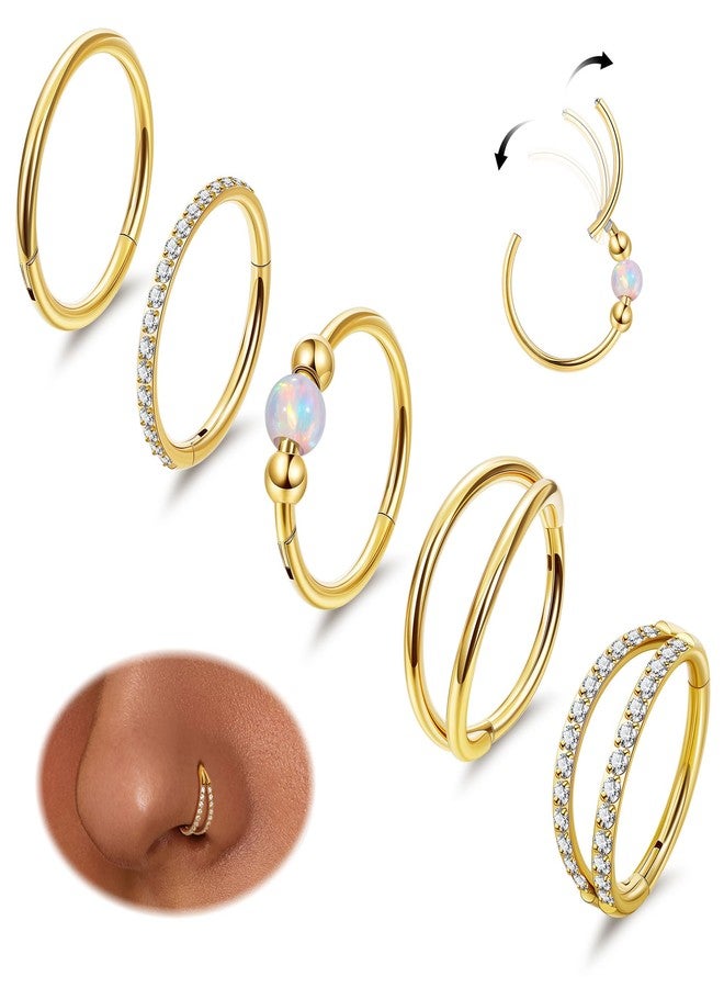 LOREMOW 5PCS 18G Clicker Nose Ring Hoops for Women Men Hinged Double Cartilage Nose Hoop Surgical Steel Tragus Helix Rook Opal CZ Septum Lip Ring Hoop Earrings Nose Piercing Jewelry Gold 8MM - Image 1